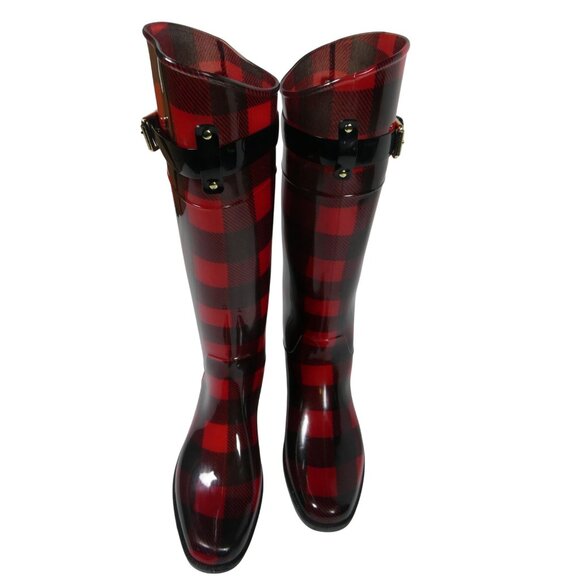Ralph Lauren Women's Red/Black Checkered Rossalyn II Rain Boots Size 8 - Picture 2 of 10